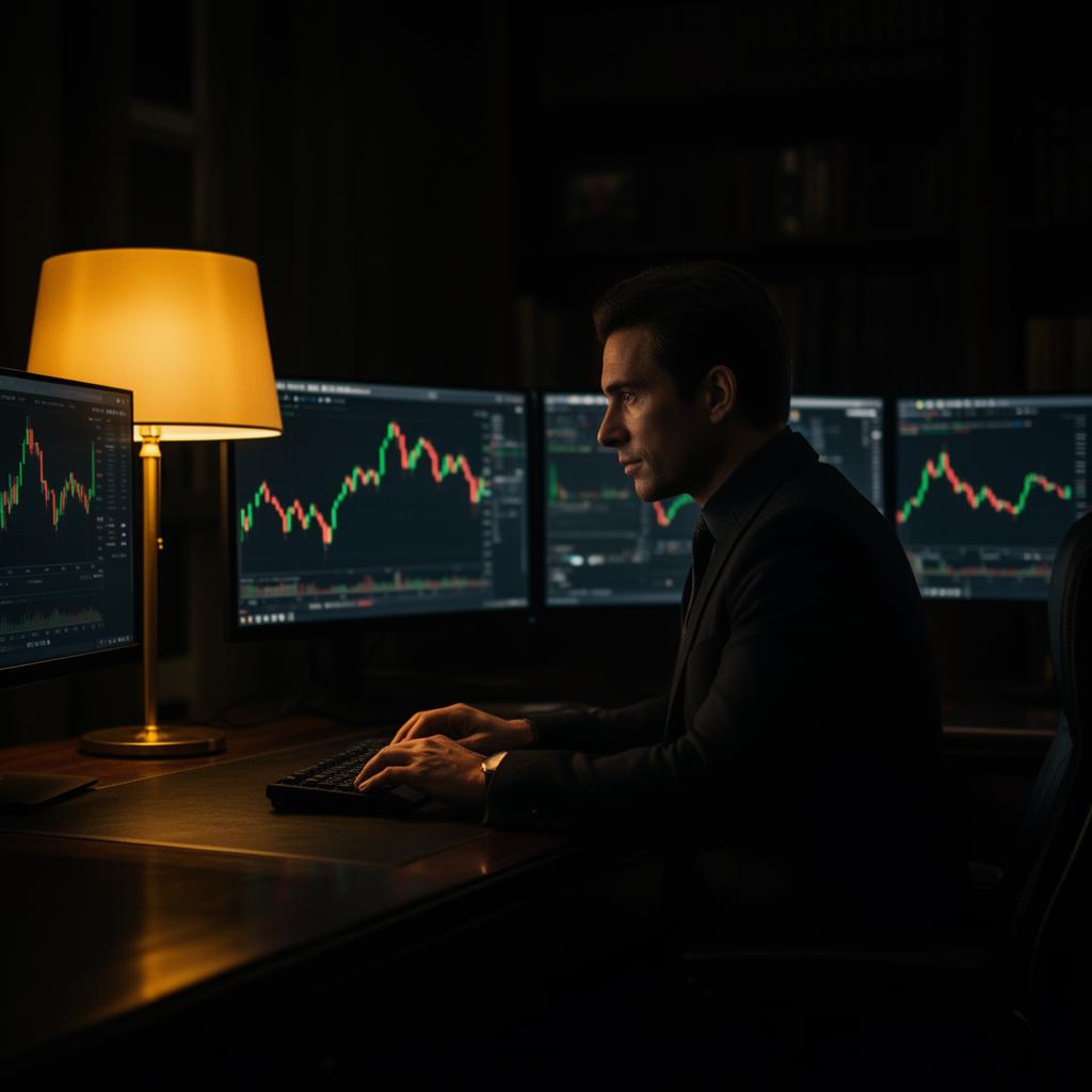 Trader at desk analyzing charts in dim light